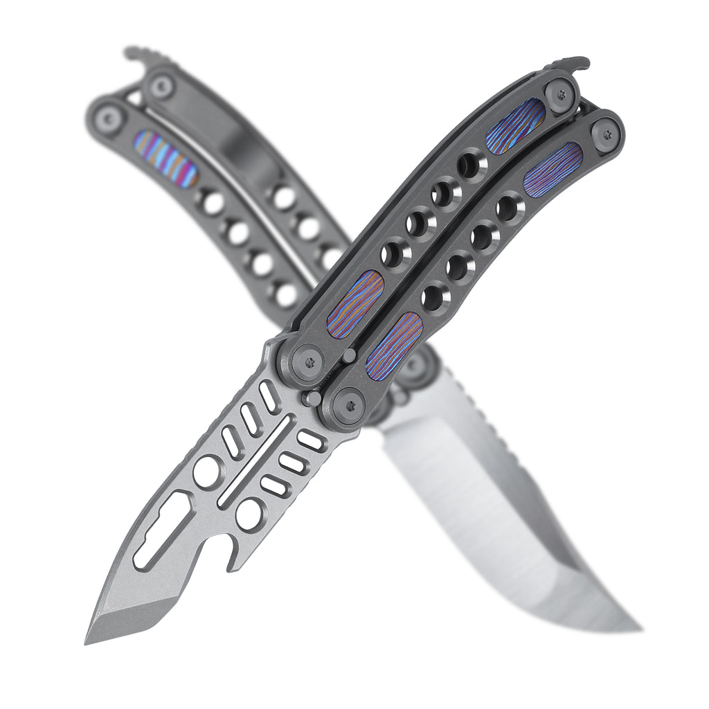 CAVOLKnife C12-Shark Titanium Balisong - M390 Steel Multi-Function EDC Trainer with Damascus Inlay