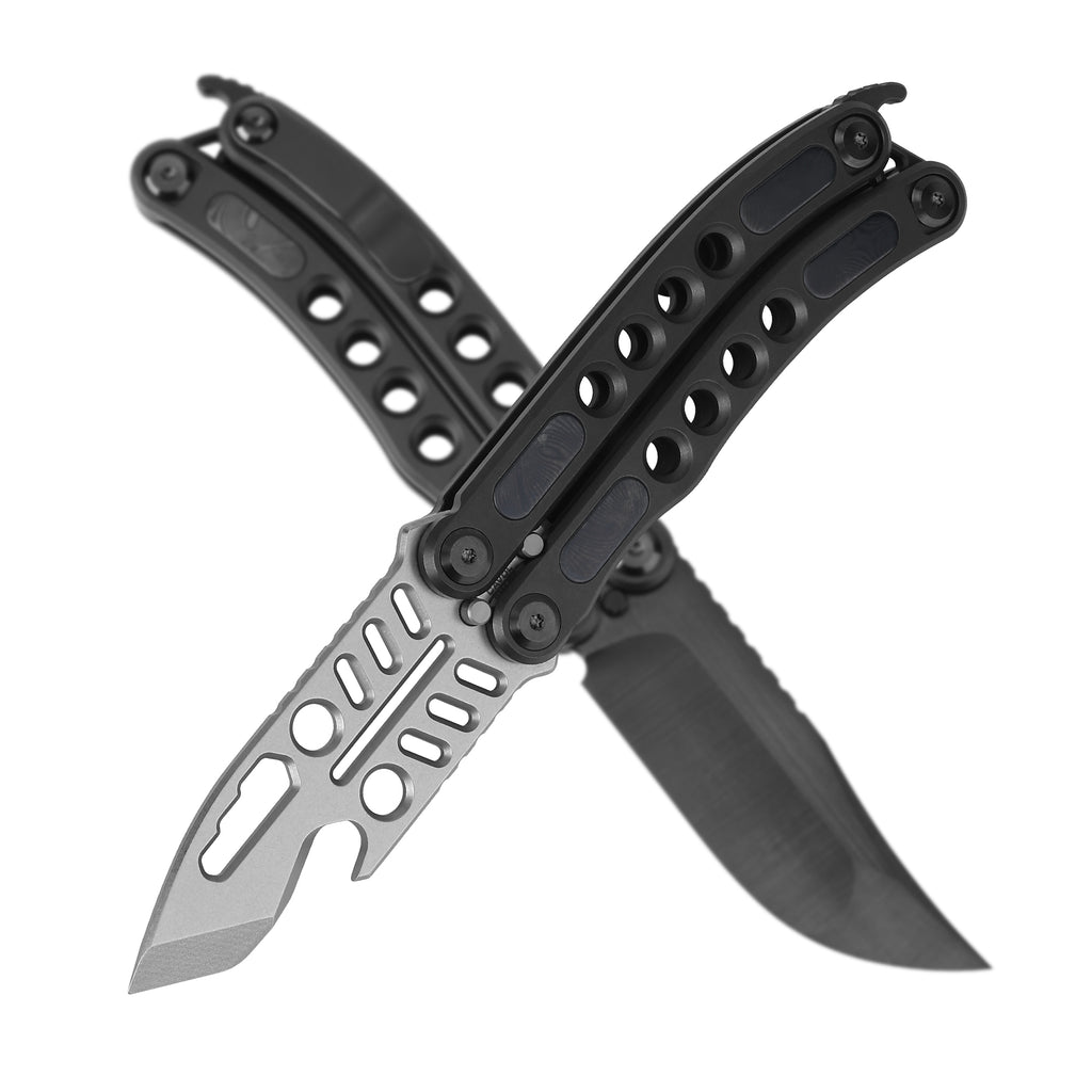 CAVOLKnife C12-Shark Titanium Balisong - M390 Steel Multi-Function EDC Trainer with Damascus Inlay