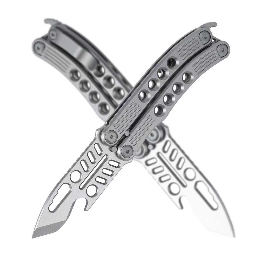 CAVOLKnife C12-Shark Titanium Balisong - M390 Steel Multi-Function EDC Trainer with Damascus Inlay